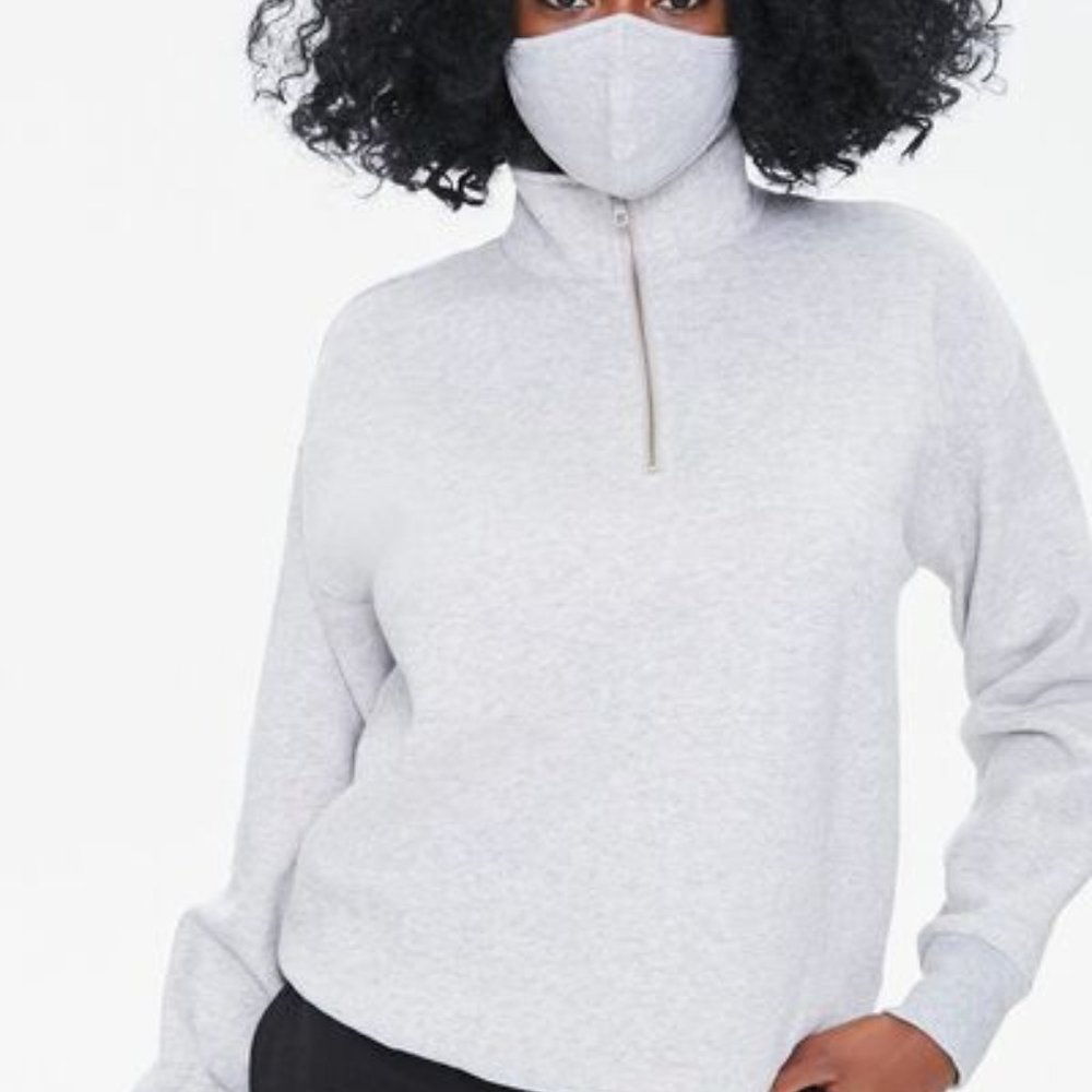 FOREVER 21 Women's Size Small Grey Half-Zip Pullover Sweatshirt Matching Mask S